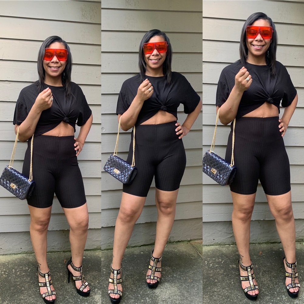 Black crop top biker shirt set